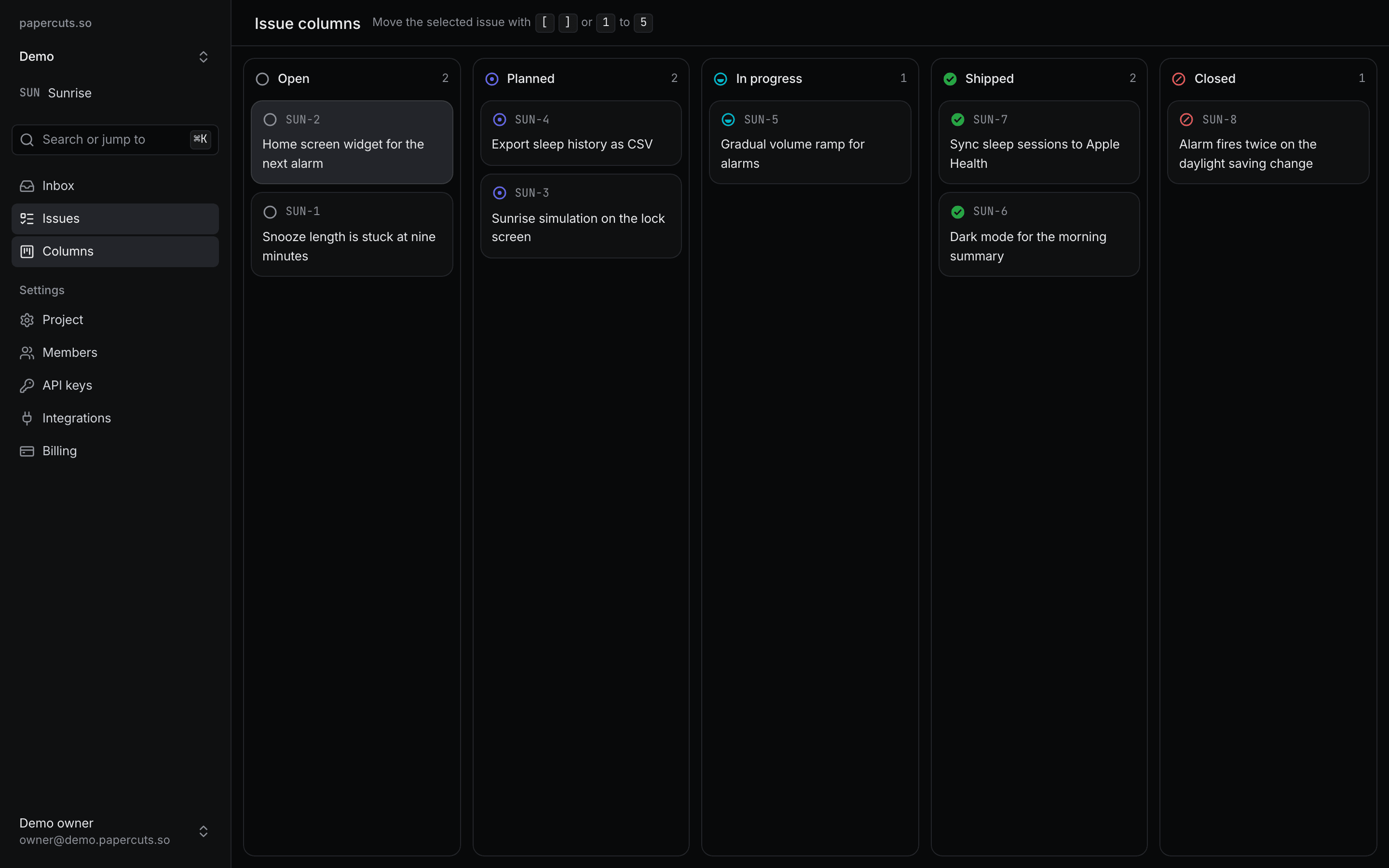 The issues board, with columns for open, planned, in progress, shipped and closed issues.