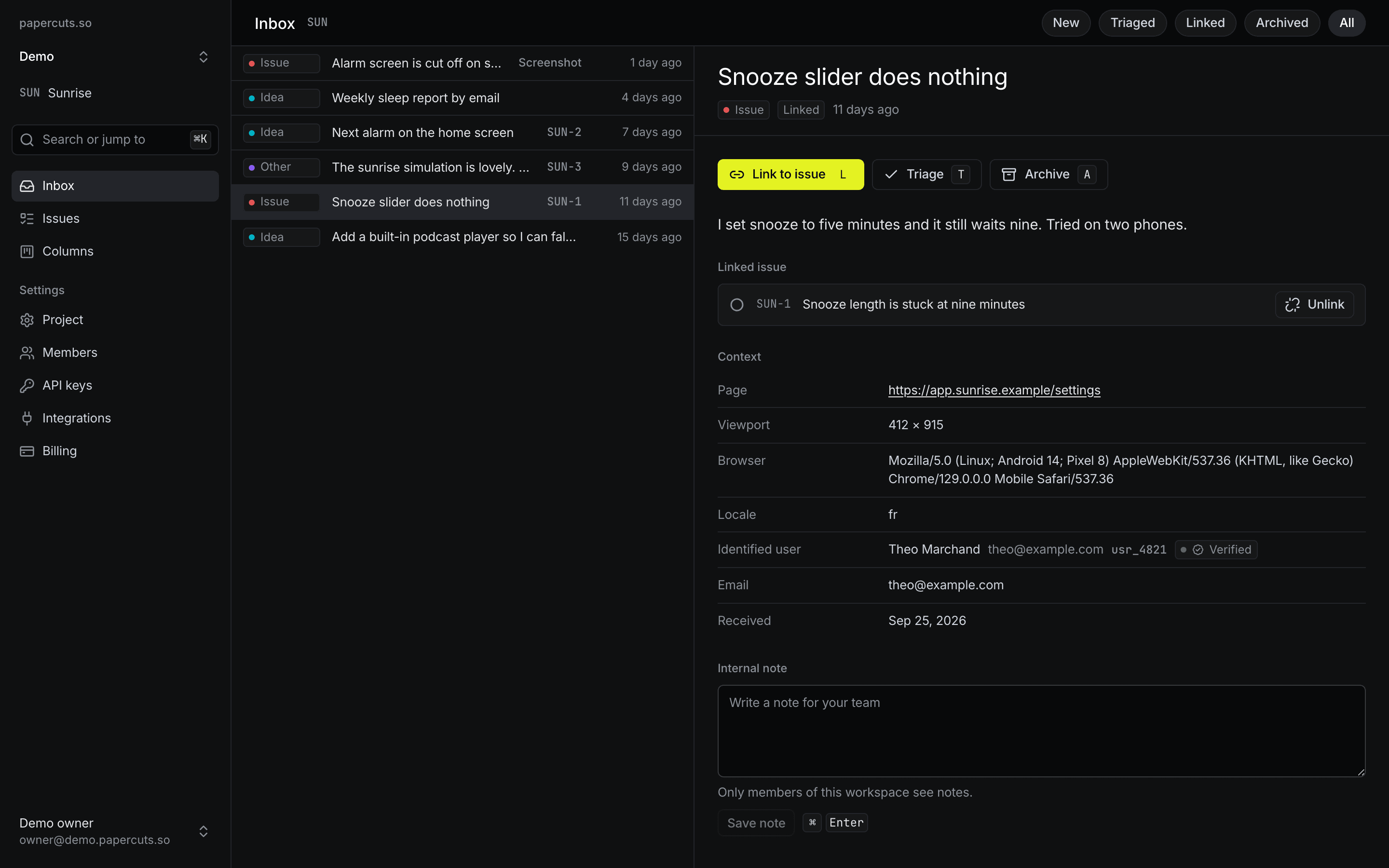 The papercuts.so inbox: a list of submissions beside the selected one, with its page, browser, locale and a verified user.