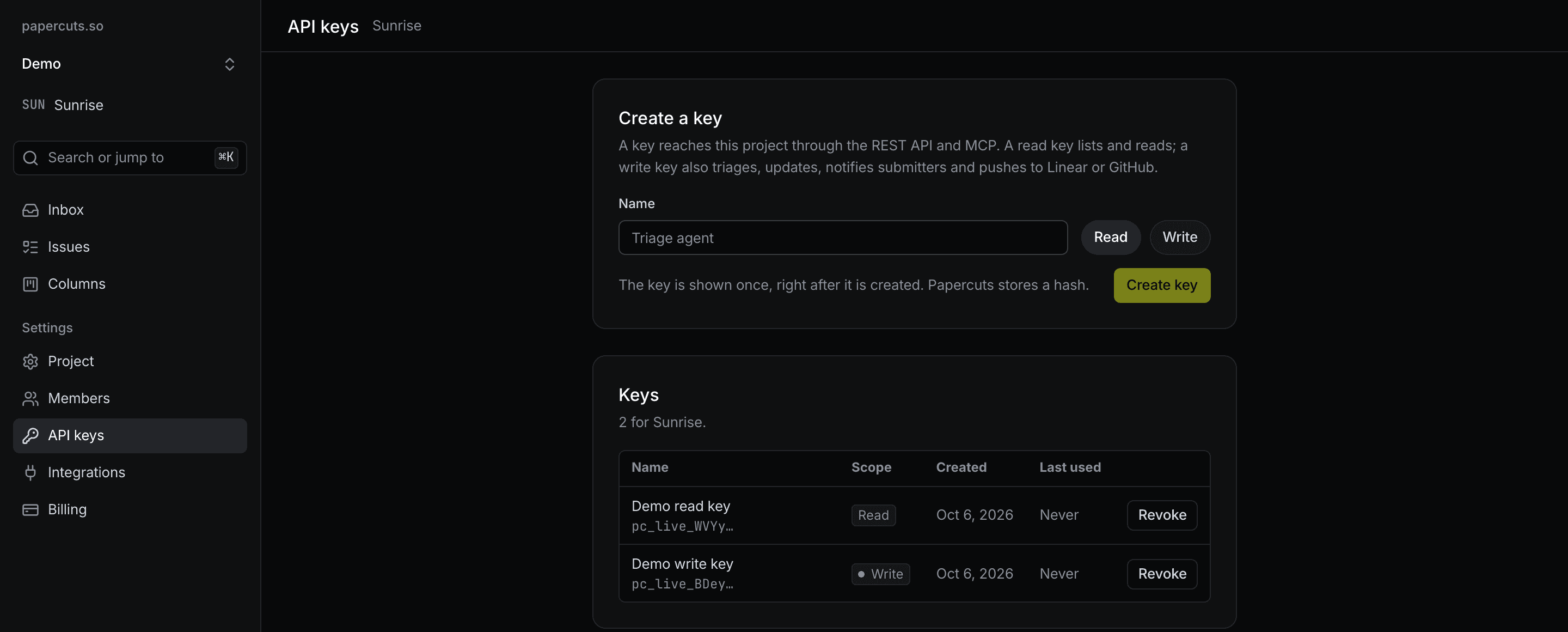 The API keys screen, with a read key and a write key for the project.